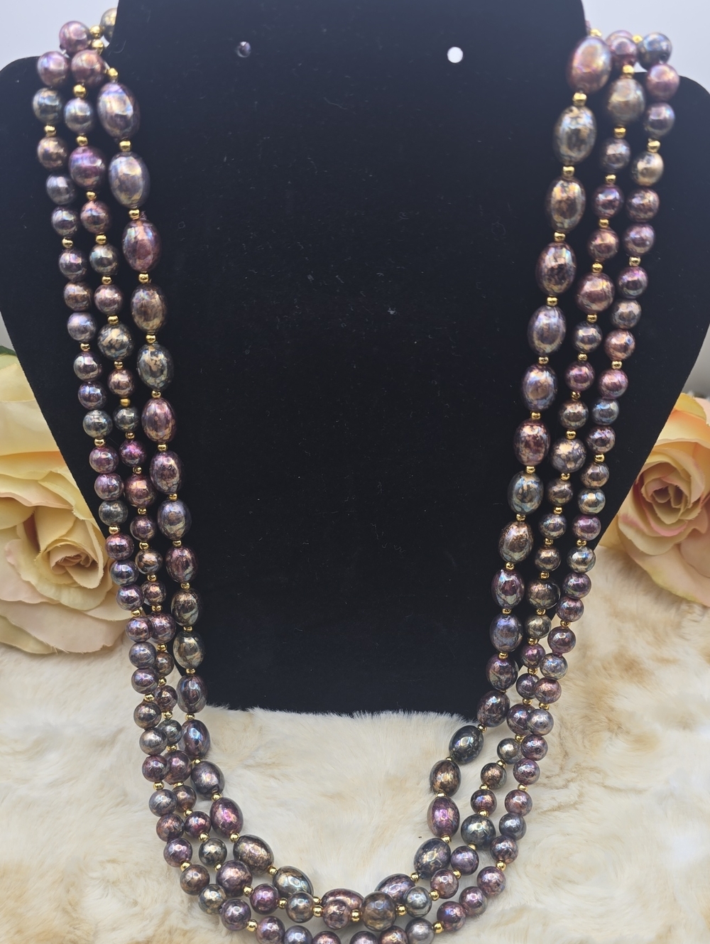 Multi-Strand Metallic Acrylic Pearl Bead Necklace Iridescent Peacock Statement